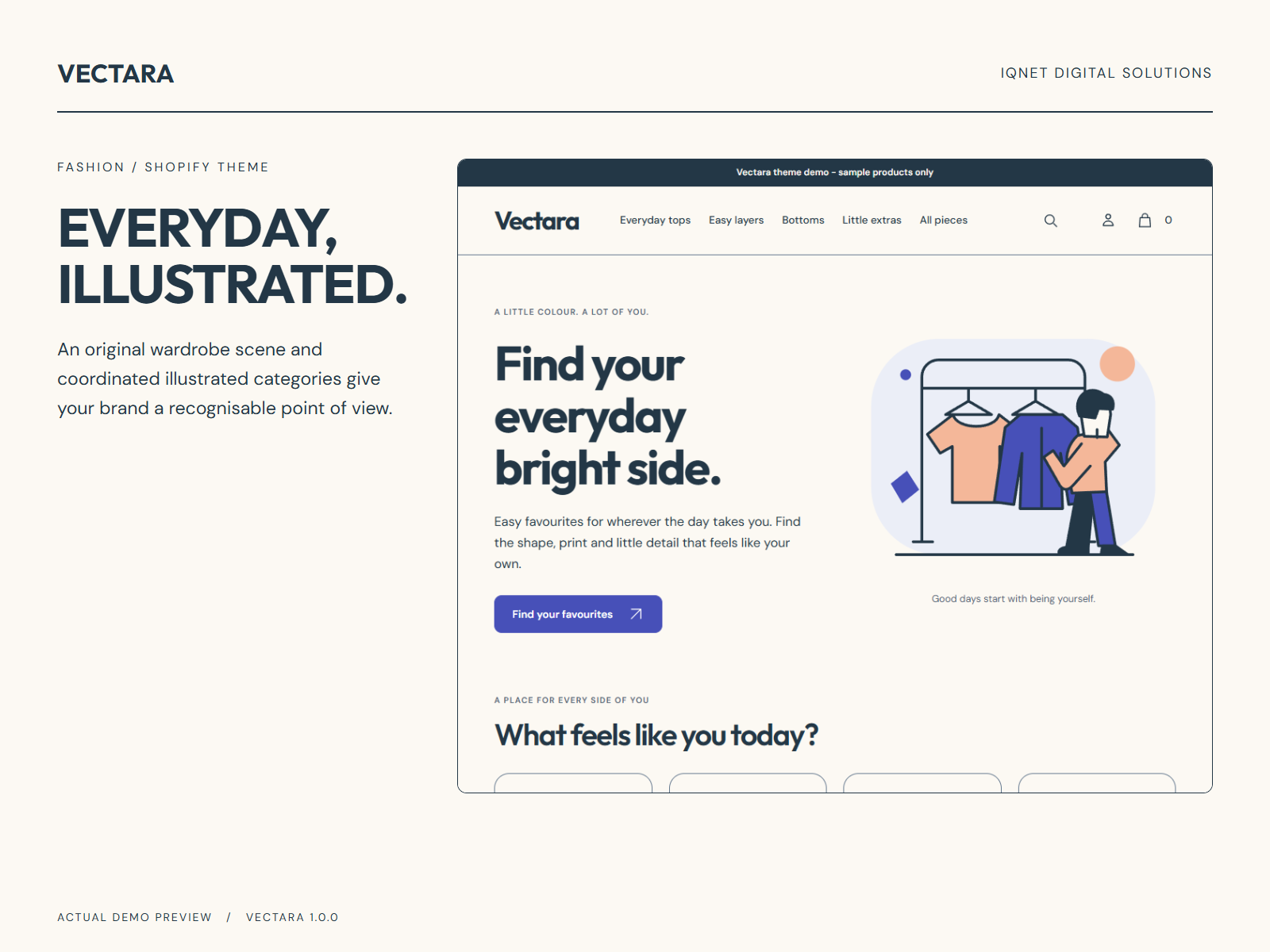 Vectara Vector Art homepage showing the original wardrobe illustration, illustrated collection routes and clear product photos.
