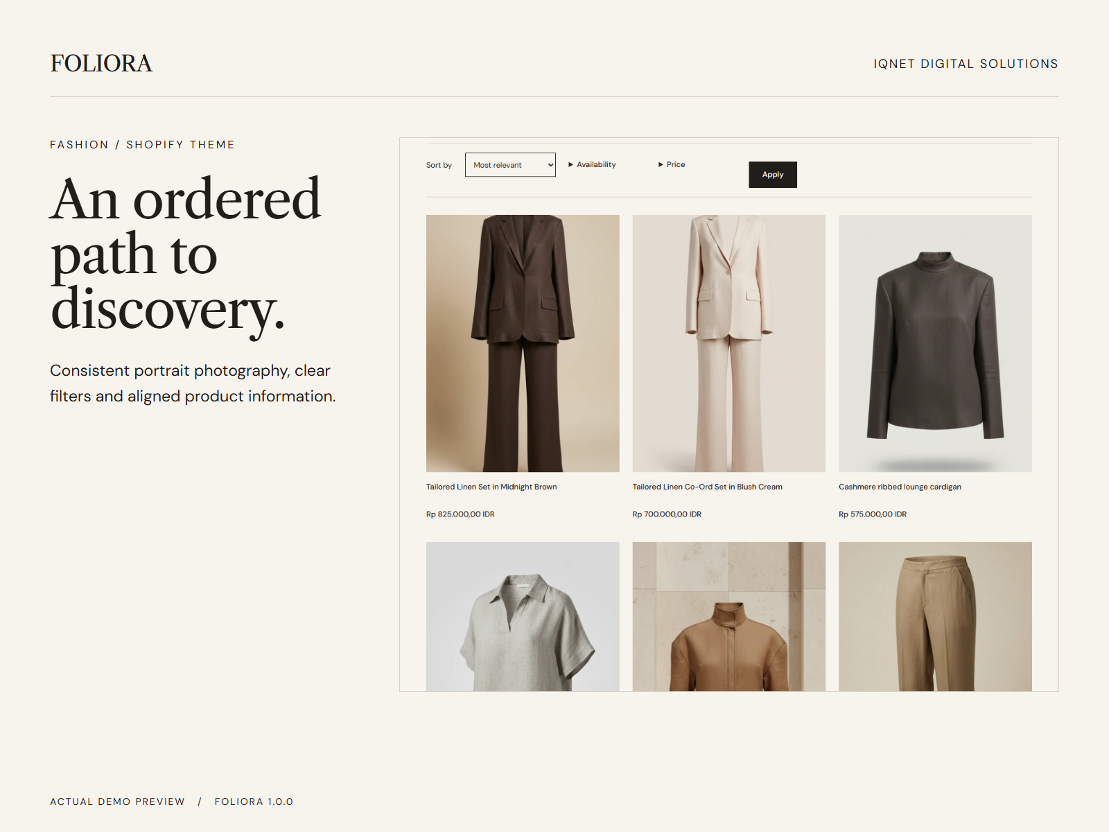 Actual Foliora clothing collection with product cards and collection controls.