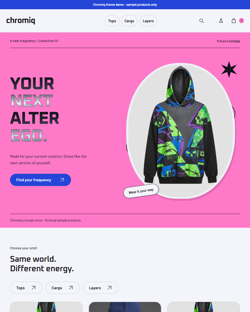 Actual Chromiq desktop homepage with Y2K cover campaign and capsule collections.