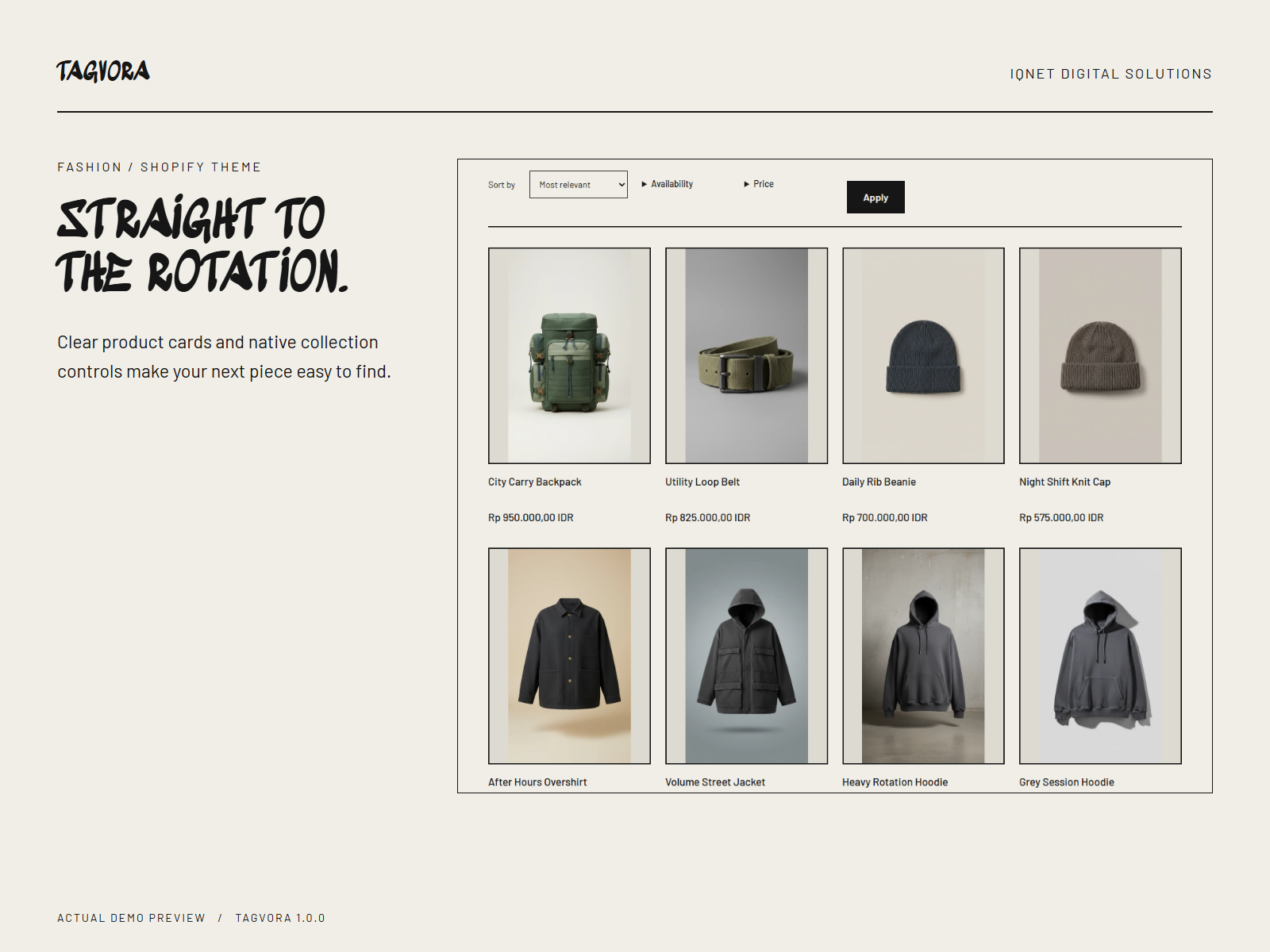 Actual Tagvora clothing collection with product cards and collection controls.