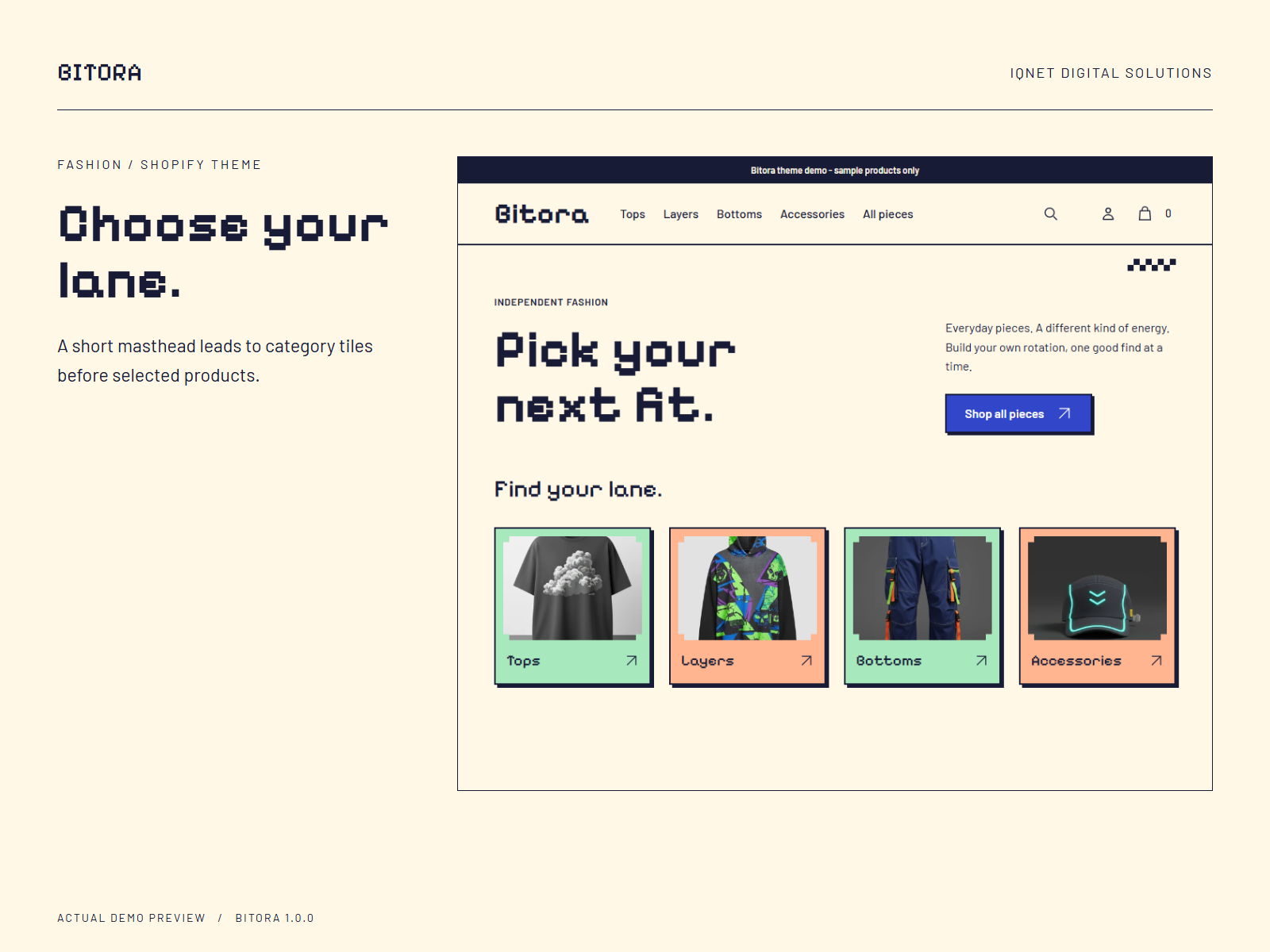 Bitora tile-first homepage showing the pixel masthead and category tile navigation.