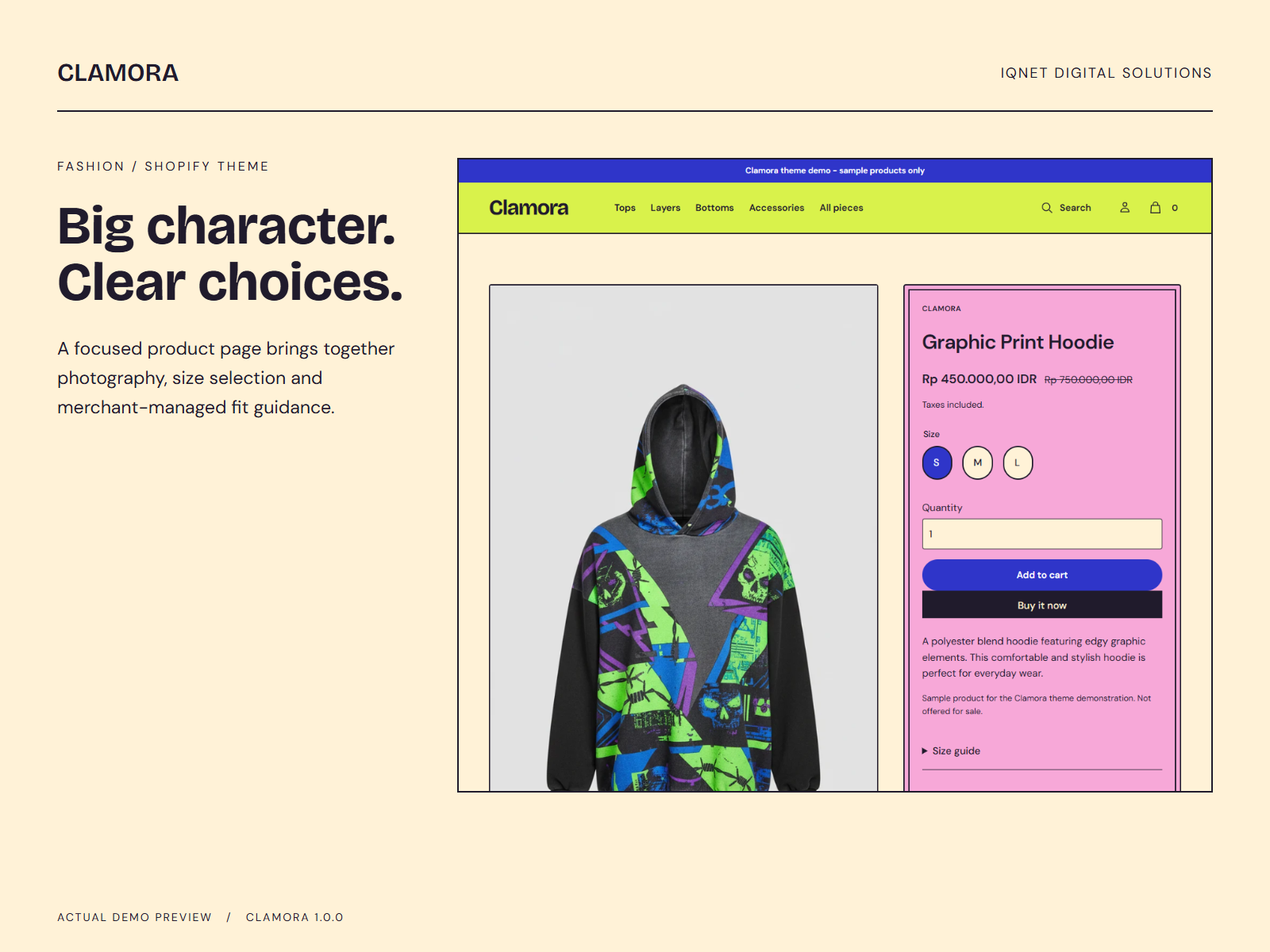 Actual Clamora product page with garment imagery, price and product options.