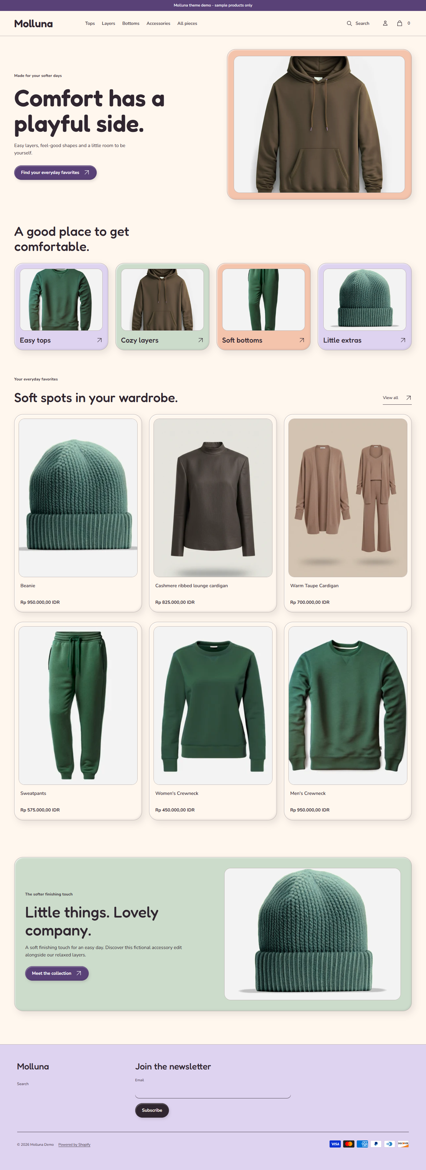 Actual Molluna desktop homepage with soft introduction and padded category pods.