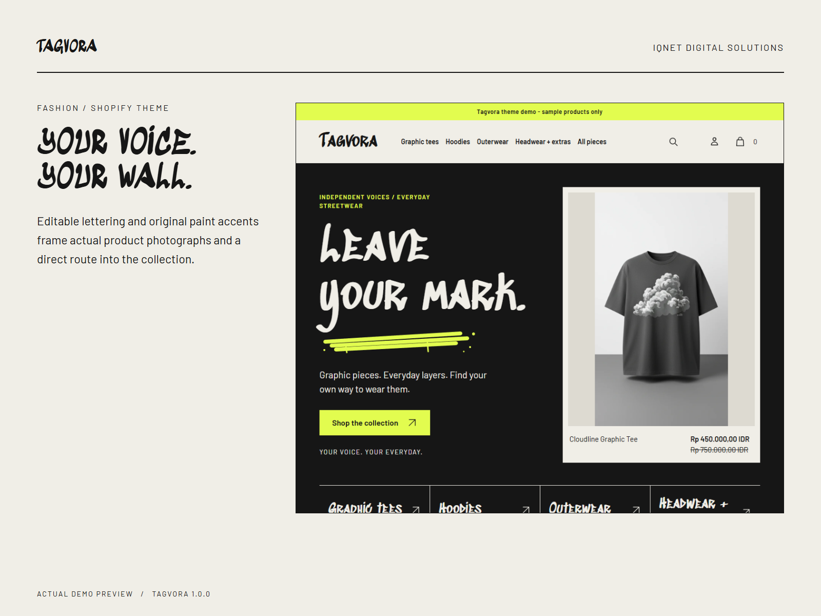 Tagvora Graffiti homepage with original paint accents, Street wall lettering and actual product photograph.