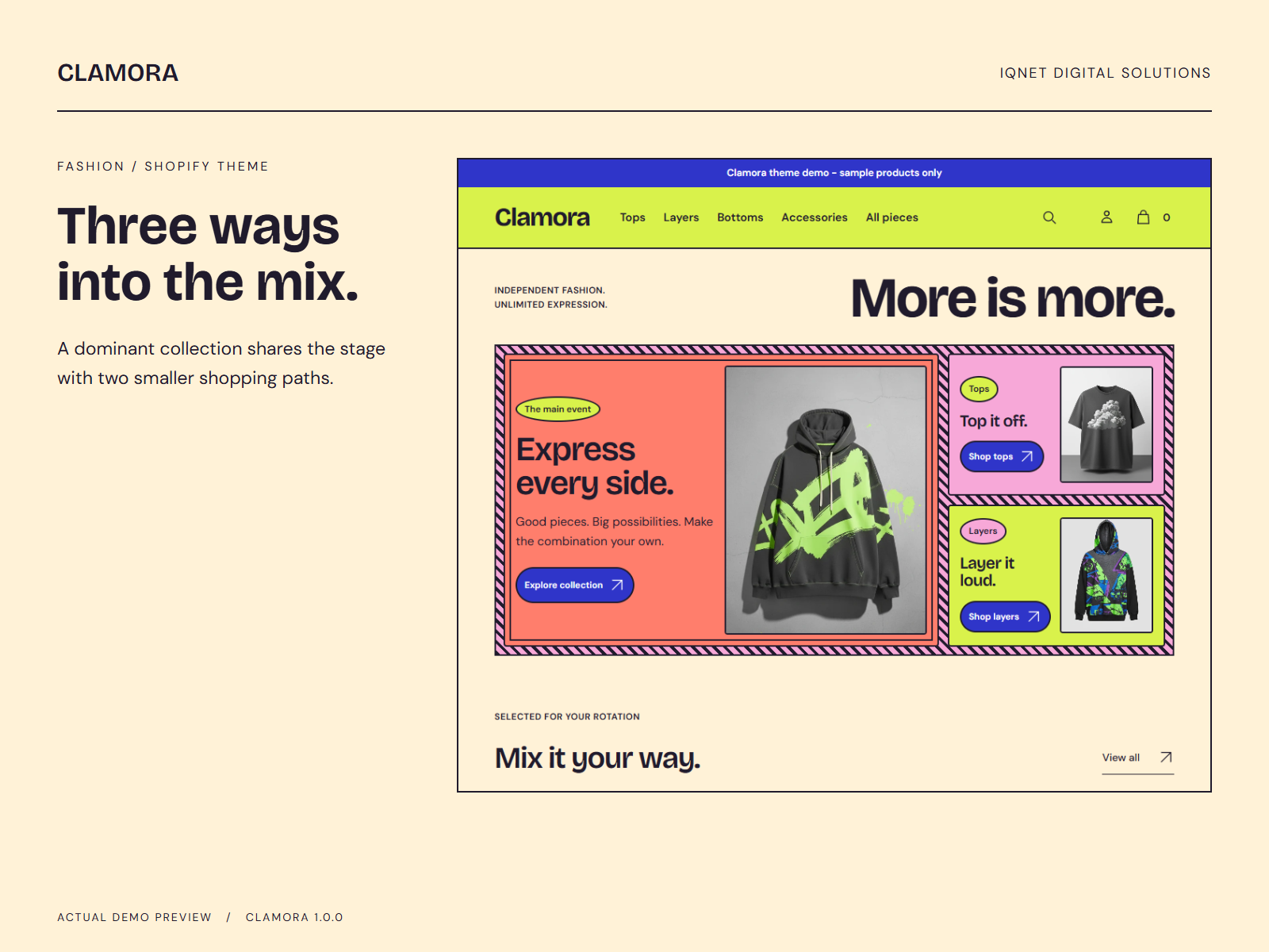 Clamora tile-first homepage showing the multi-panel shopping composition and bold categories.