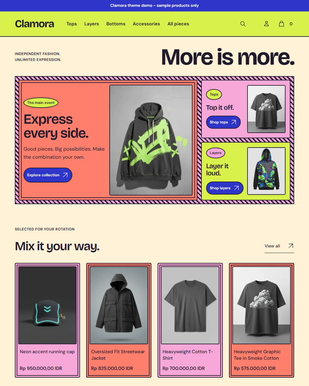 Actual Clamora desktop homepage with multi-panel shopping composition and bold categories.