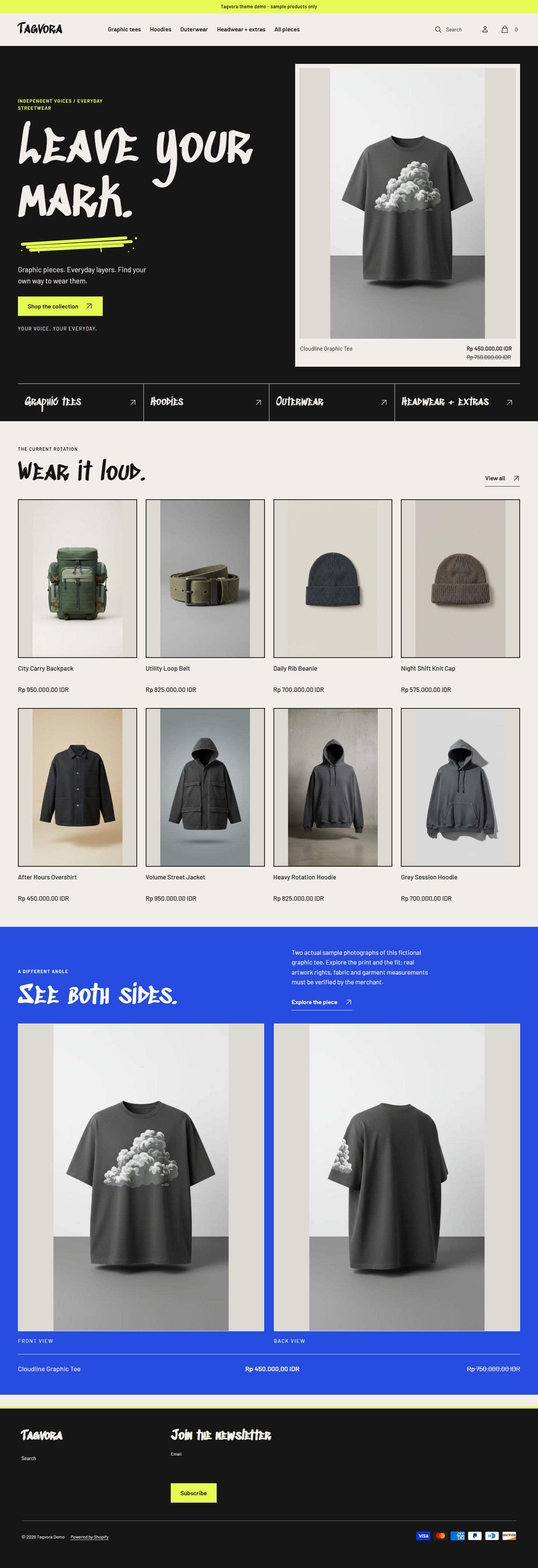 Actual Tagvora desktop homepage with Graffiti lettering, direct collection routes and actual product photography.