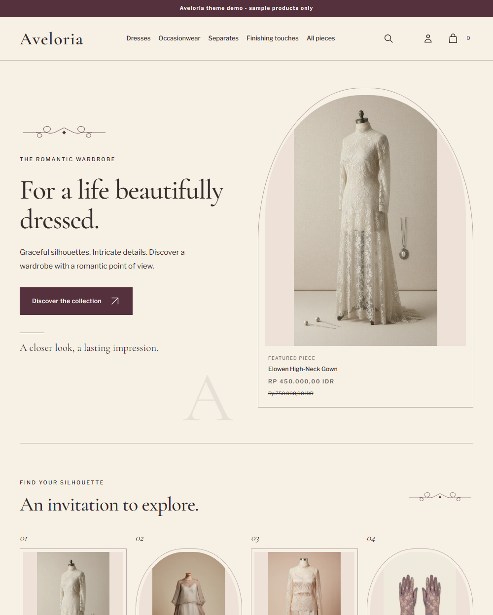 Actual Aveloria desktop homepage with fine-line framing, wardrobe doorways and real garment photography.