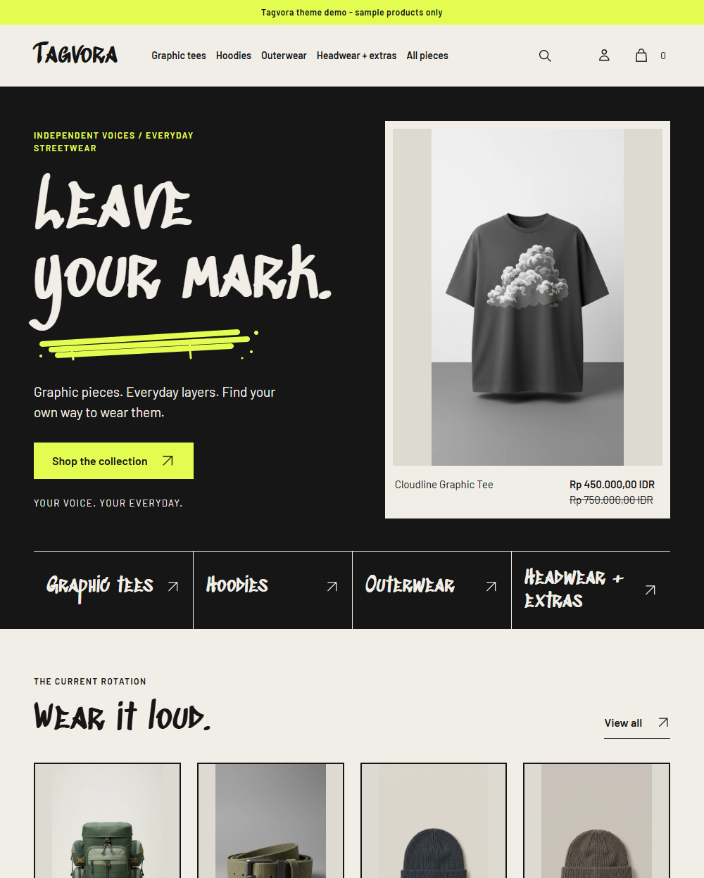 Actual Tagvora desktop homepage with Graffiti lettering, direct collection routes and actual product photography.