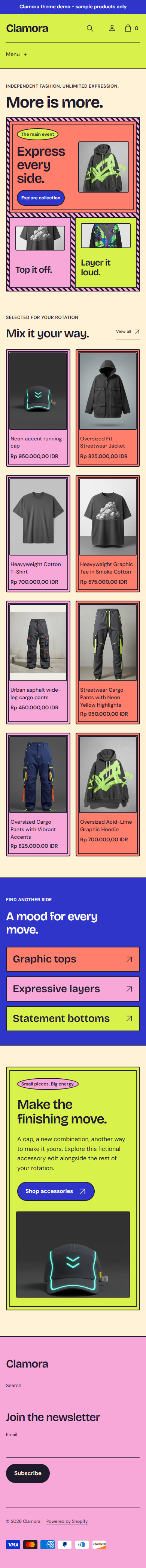 Actual Clamora mobile homepage with multi-panel shopping composition and bold categories.