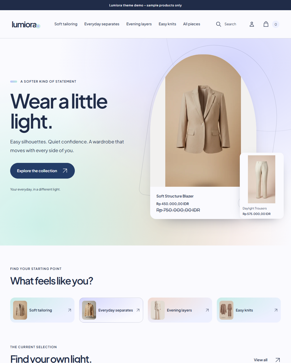 Actual Lumiora desktop homepage with Aurora light fields, clear collection routes and actual product photography.