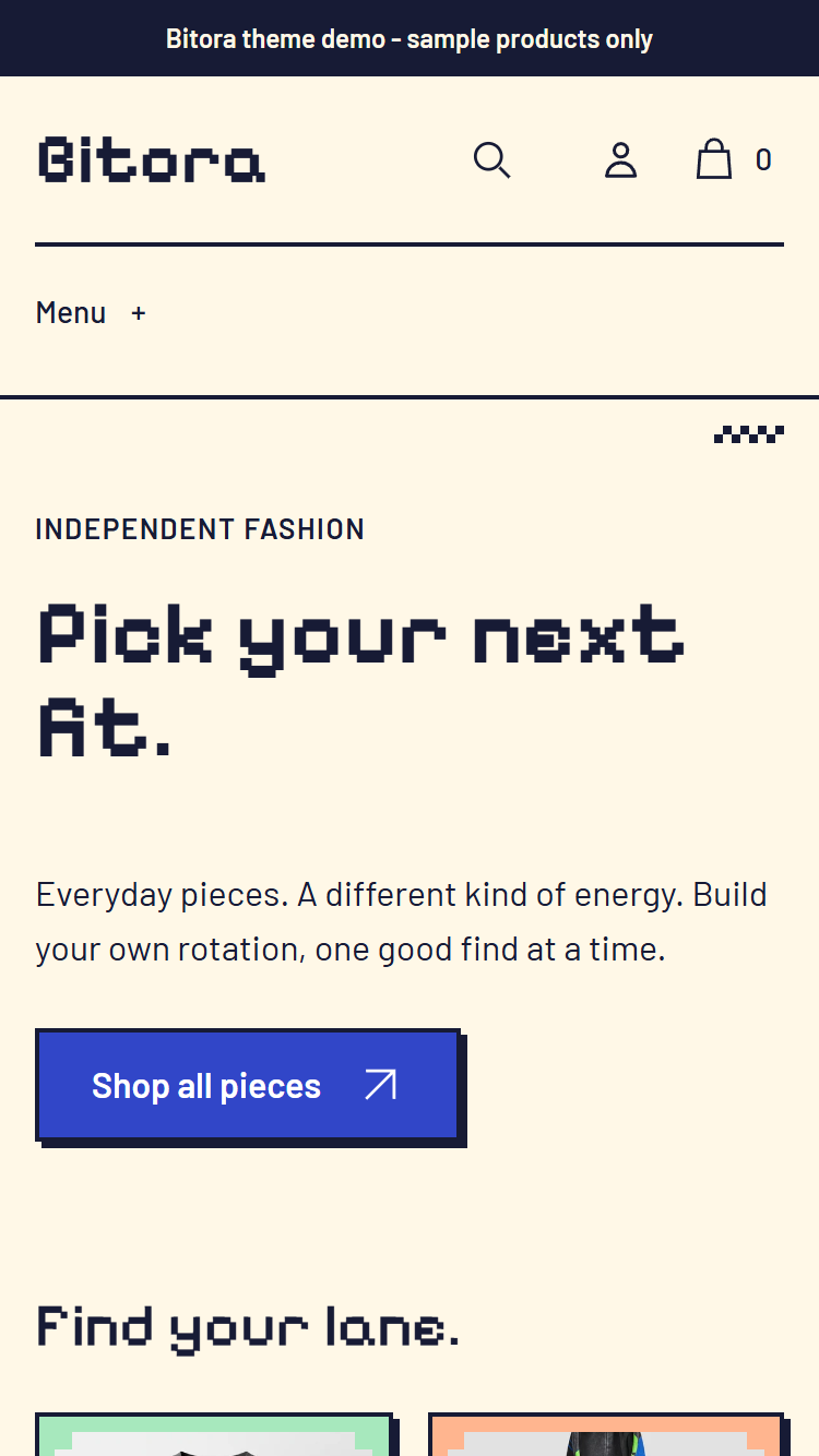 Actual Bitora mobile homepage with pixel masthead and category tile navigation.