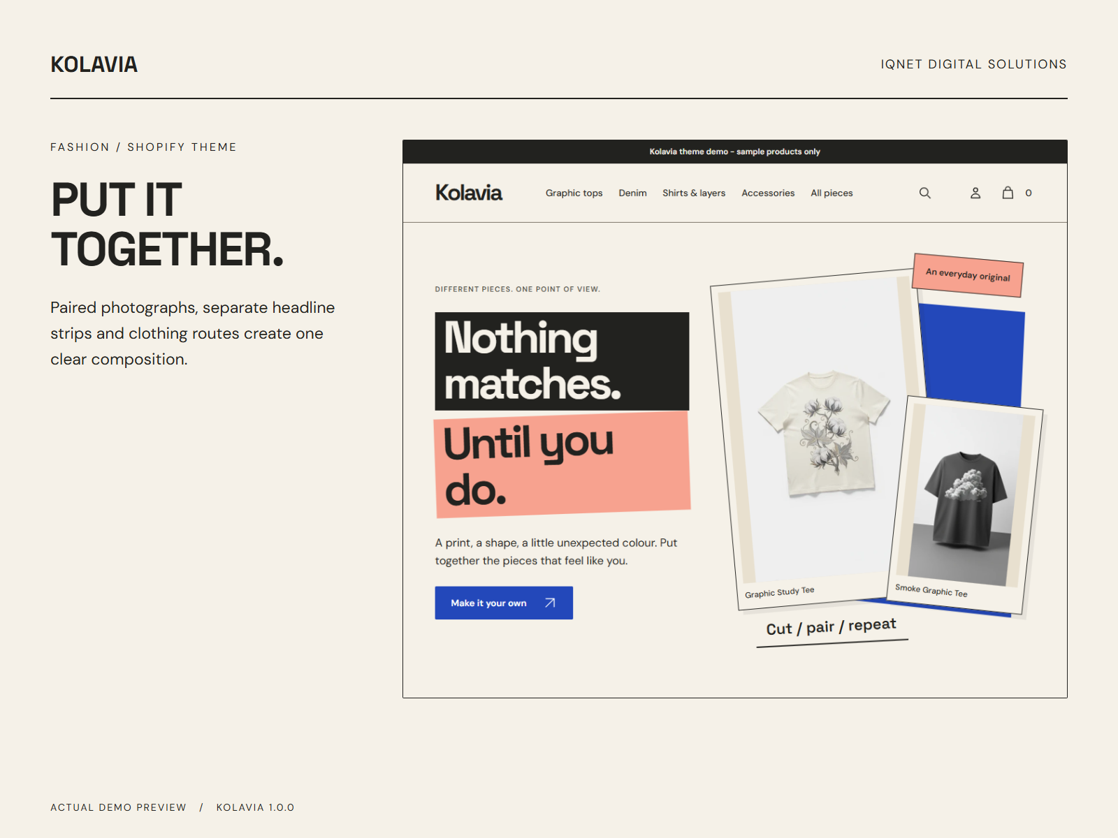 Kolavia Collage Art homepage showing the photo fragments, clothing routes and offset paper product frames.