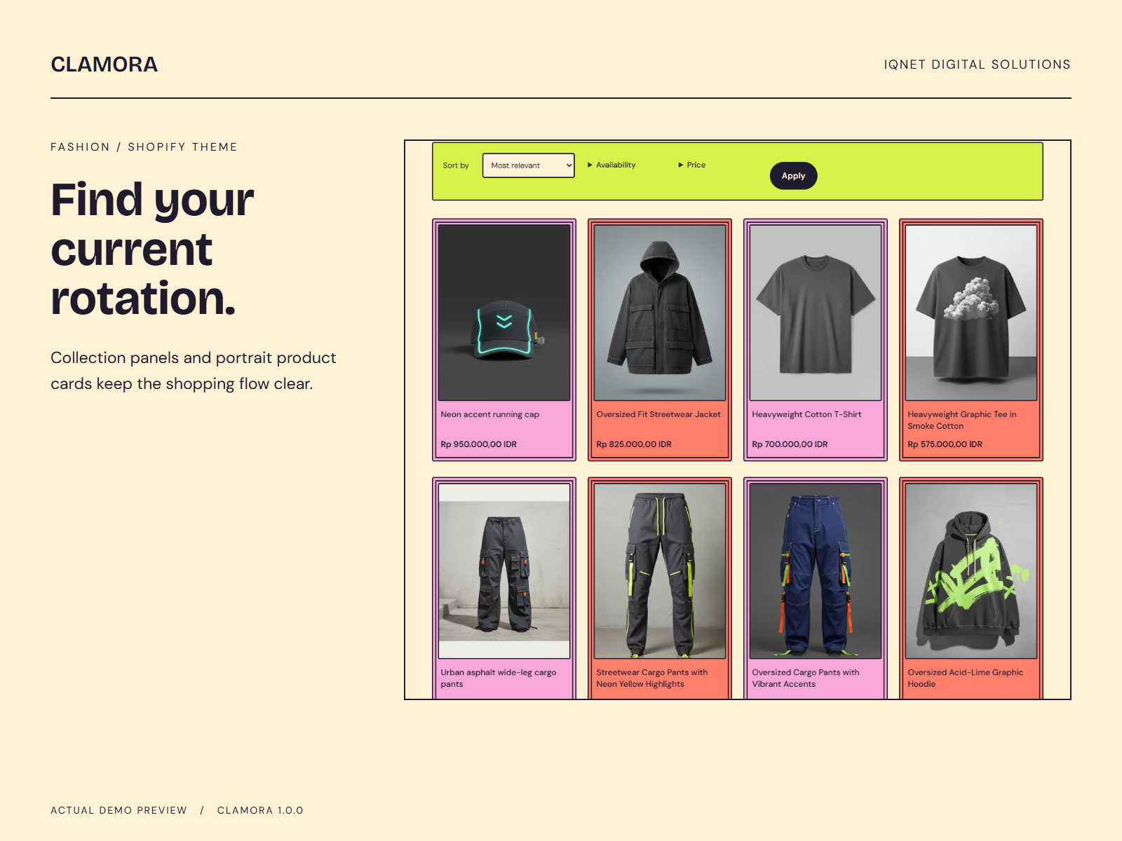 Actual Clamora clothing collection with product cards and collection controls.