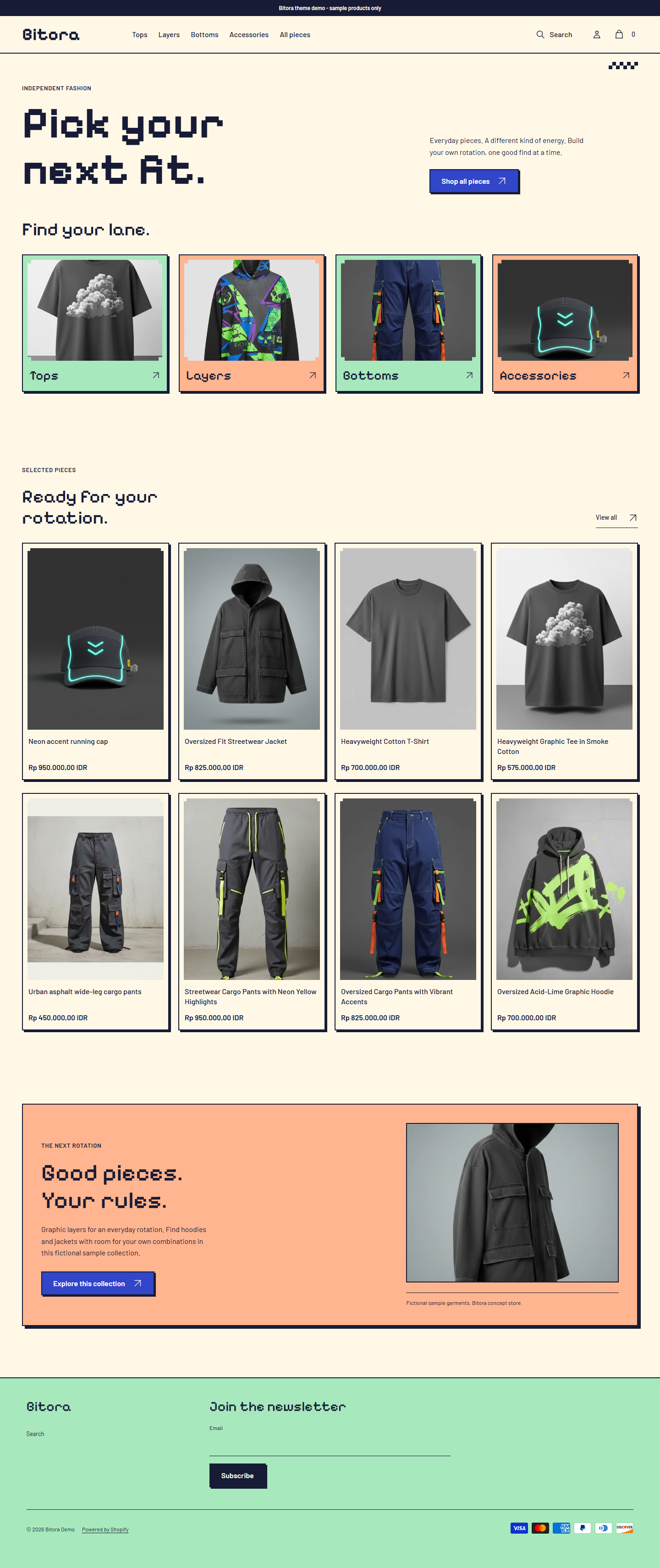 Actual Bitora desktop homepage with pixel masthead and category tile navigation.