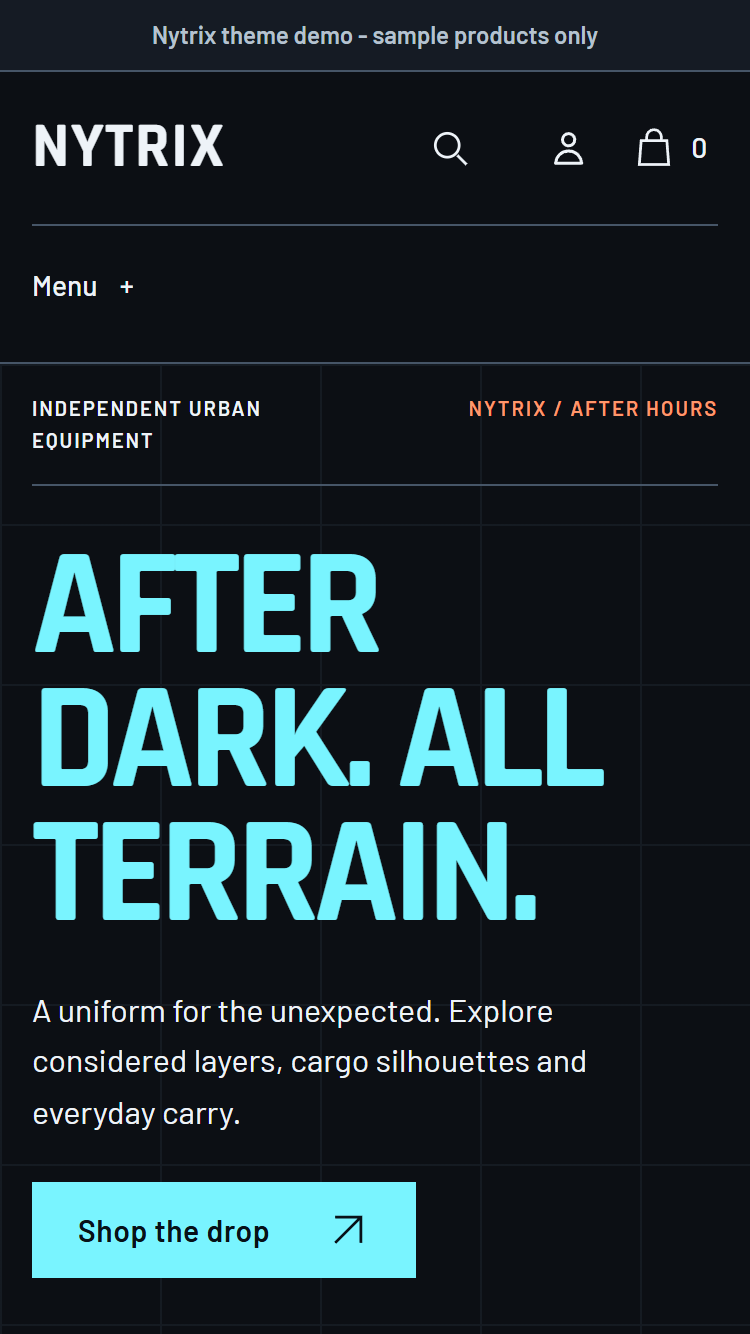 Actual Nytrix mobile homepage with urban drop, equipment index and technical product panels.