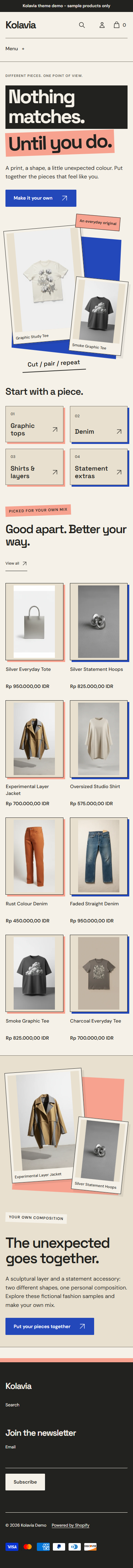 Actual Kolavia mobile homepage with photo fragments, clothing routes and offset paper product frames.