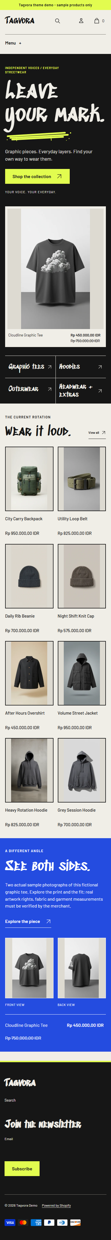 Actual Tagvora mobile homepage with Graffiti lettering, direct collection routes and actual product photography.