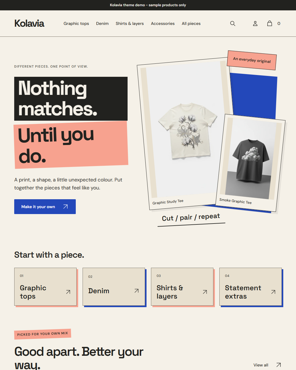 Actual Kolavia desktop homepage with photo fragments, clothing routes and offset paper product frames.