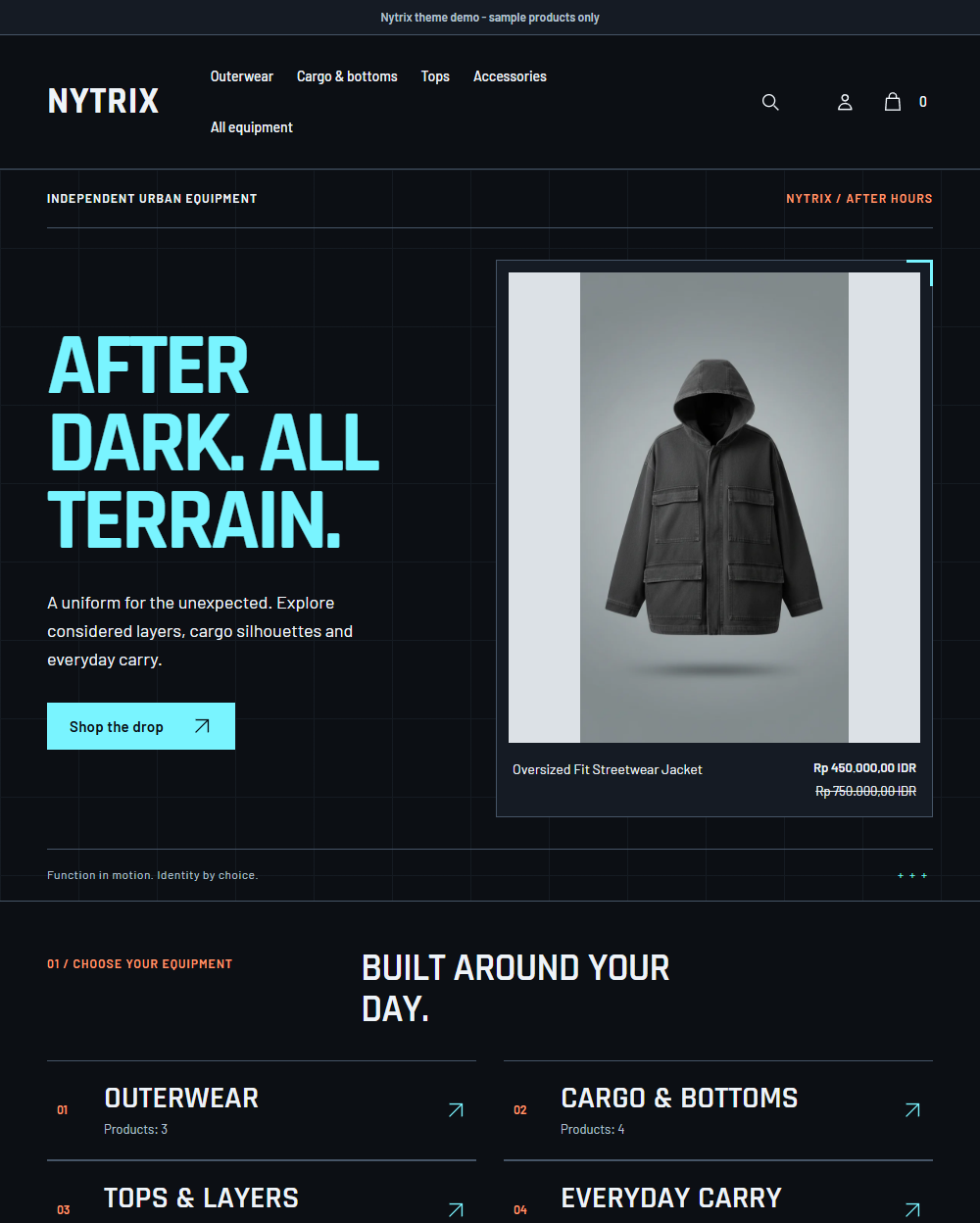 Actual Nytrix desktop homepage with urban drop, equipment index and technical product panels.