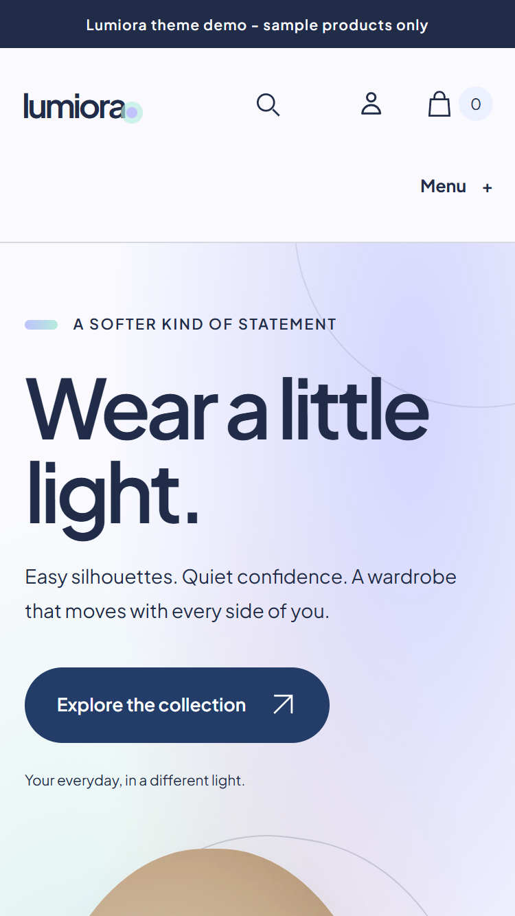 Actual Lumiora mobile homepage with Aurora light fields, clear collection routes and actual product photography.