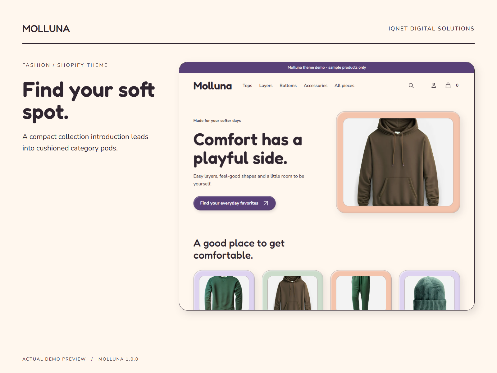 Molluna tile-first homepage showing the soft introduction and padded category pods.
