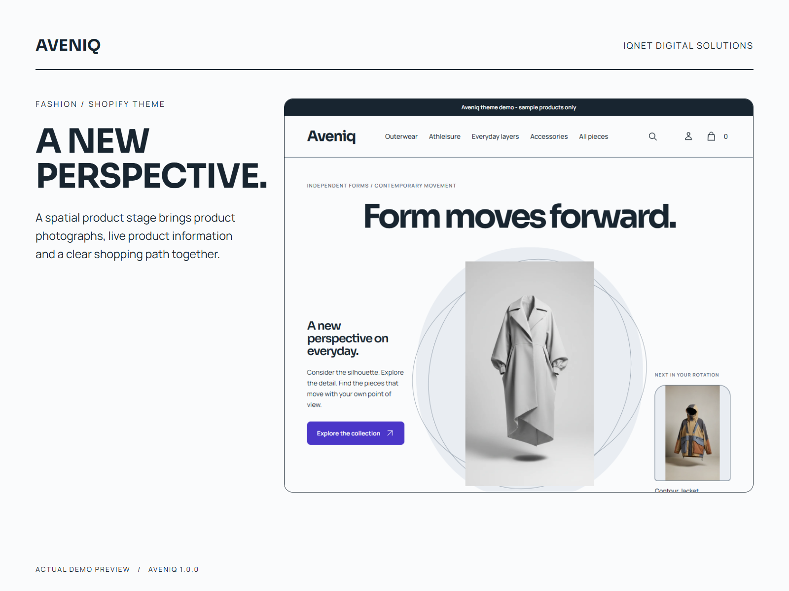 Aveniq Futuristic homepage showing the spatial product stage, capsule collection routes and actual product photography.