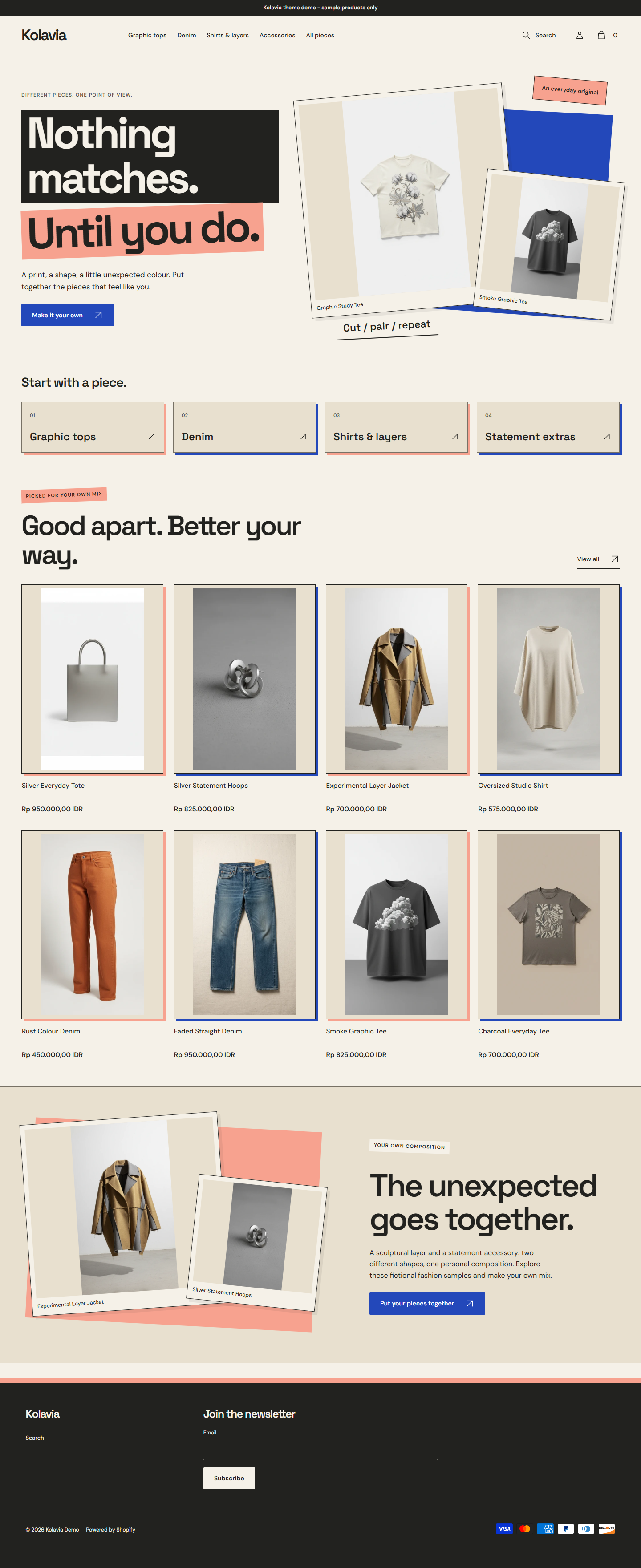 Actual Kolavia desktop homepage with photo fragments, clothing routes and offset paper product frames.