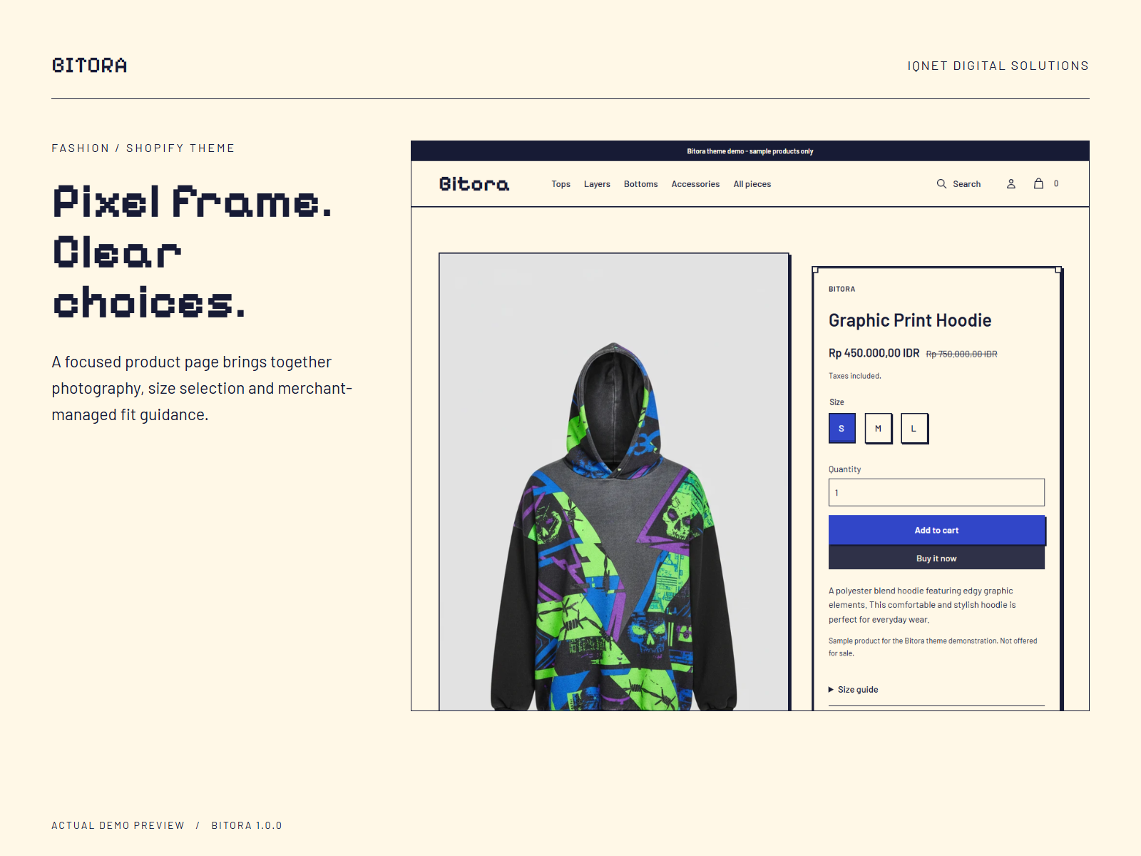 Actual Bitora product page with garment imagery, price and product options.