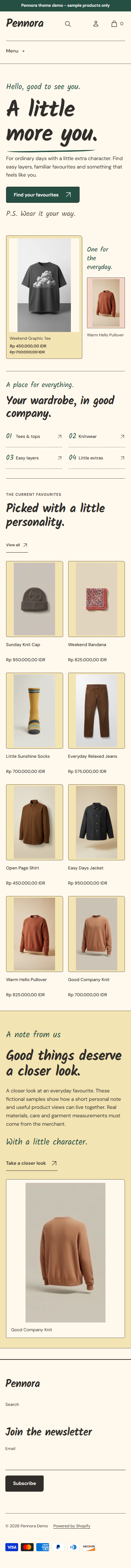 Actual Pennora mobile homepage with personal opening notes, wardrobe index and actual product photography.