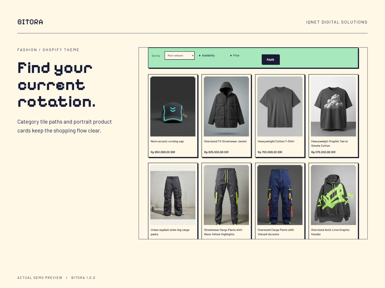 Actual Bitora clothing collection with product cards and collection controls.