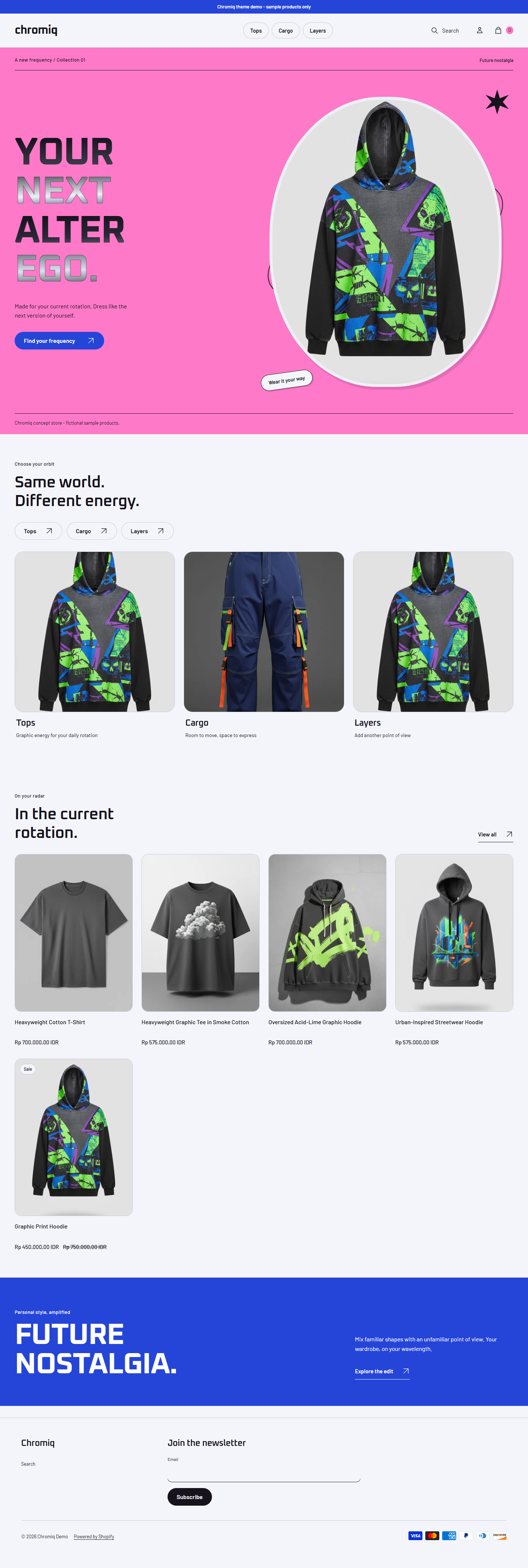 Actual Chromiq desktop homepage with Y2K cover campaign and capsule collections.