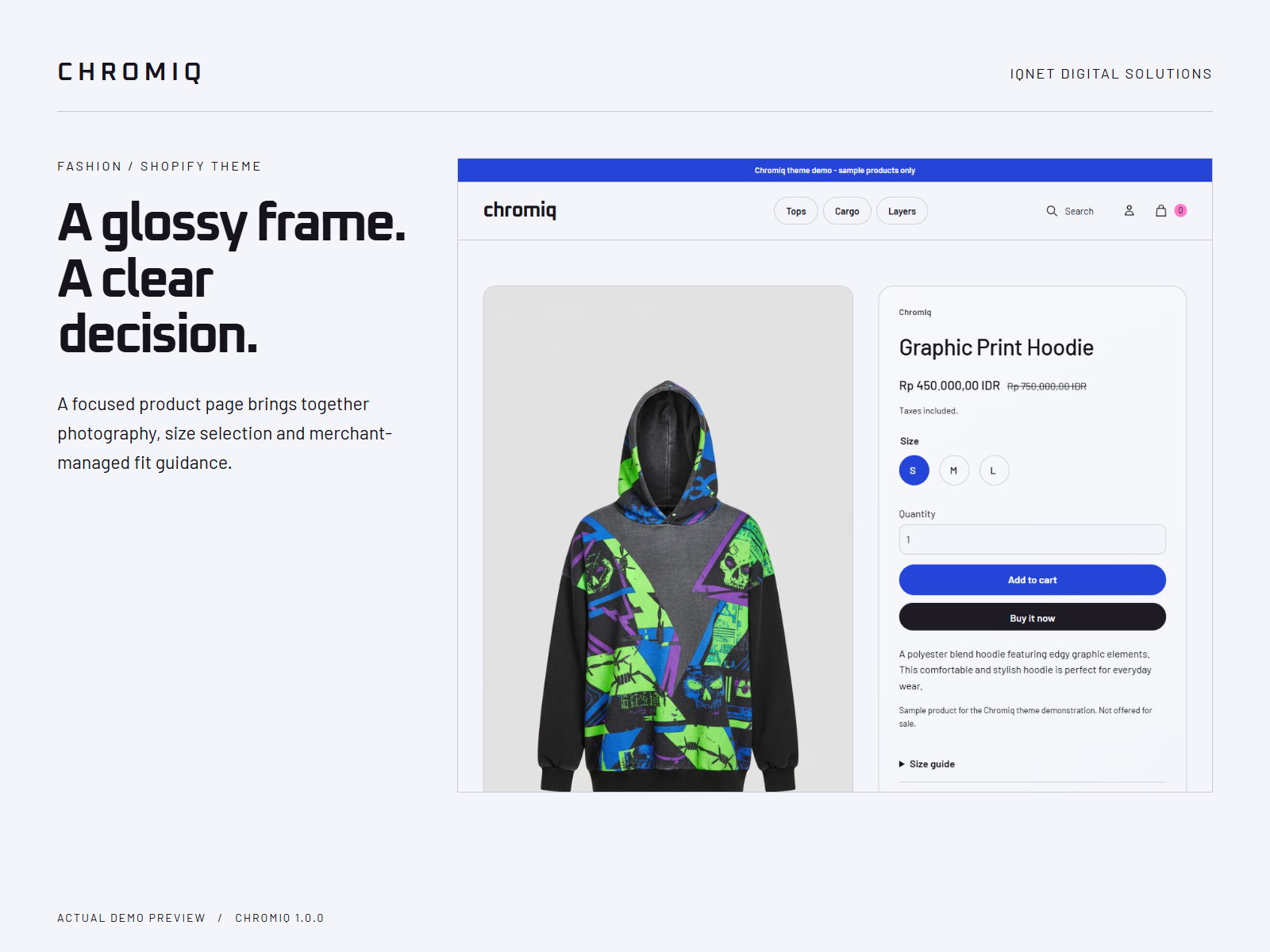 Actual Chromiq product page with garment imagery, price and product options.