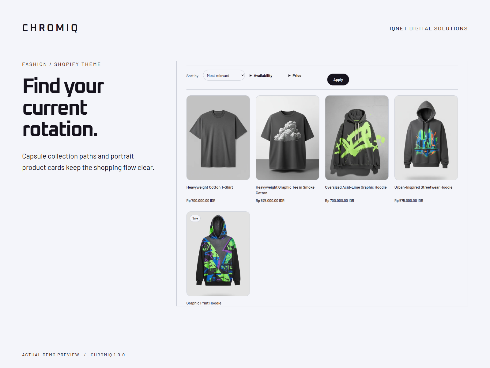 Actual Chromiq clothing collection with product cards and collection controls.