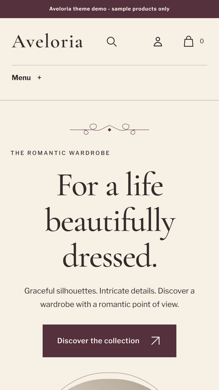 Actual Aveloria mobile homepage with fine-line framing, wardrobe doorways and real garment photography.