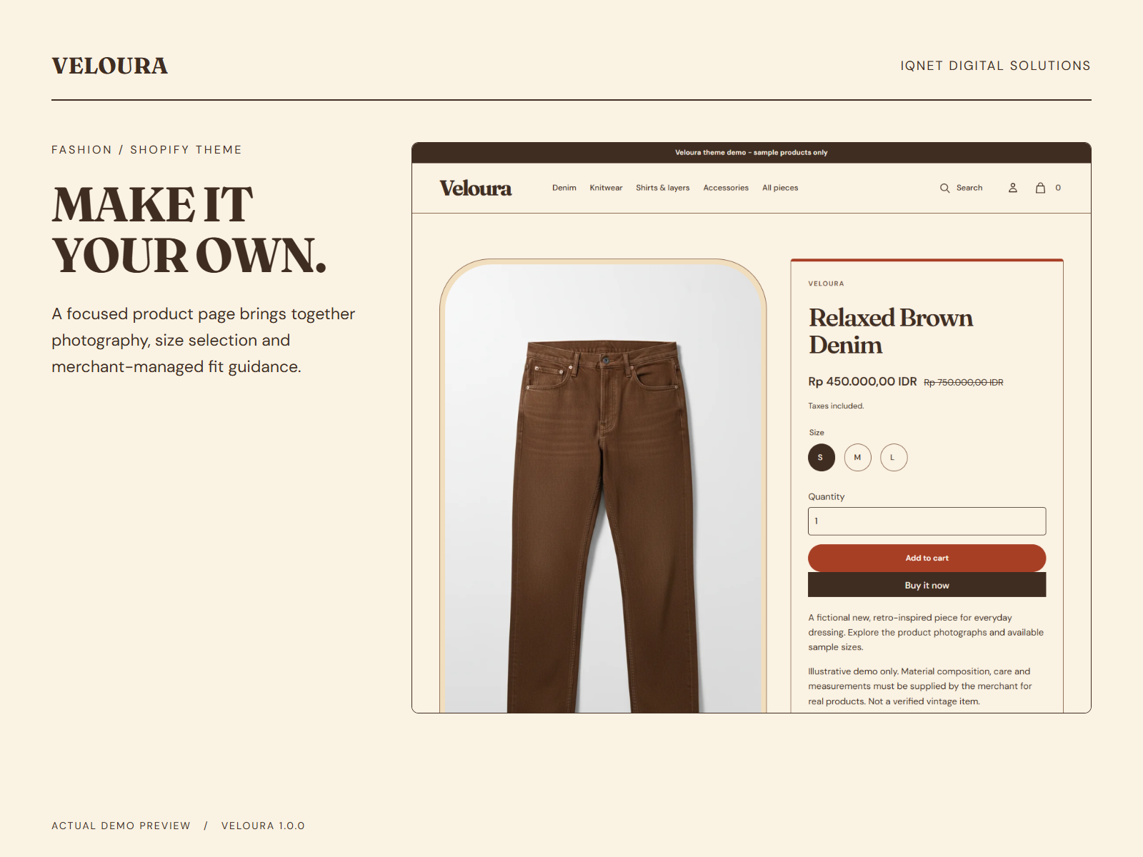 Actual Veloura product page with garment imagery, price and product options.