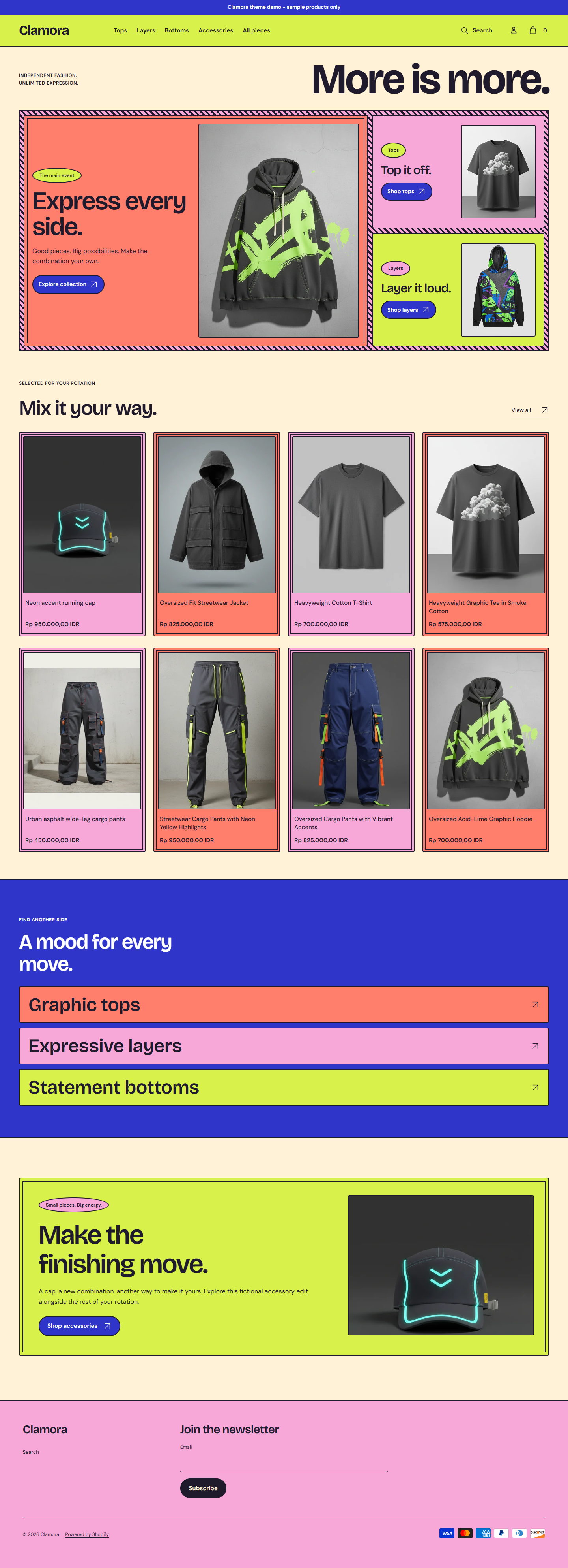 Actual Clamora desktop homepage with multi-panel shopping composition and bold categories.